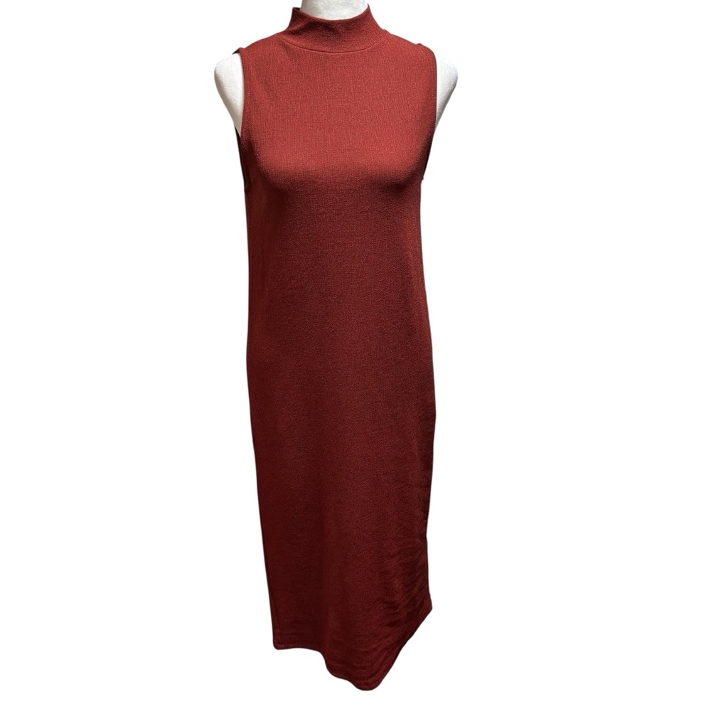 Zara Trafaluc Rust Red Mock Neck Sleeveless Button Back Knit Midi Dress Sm #600
